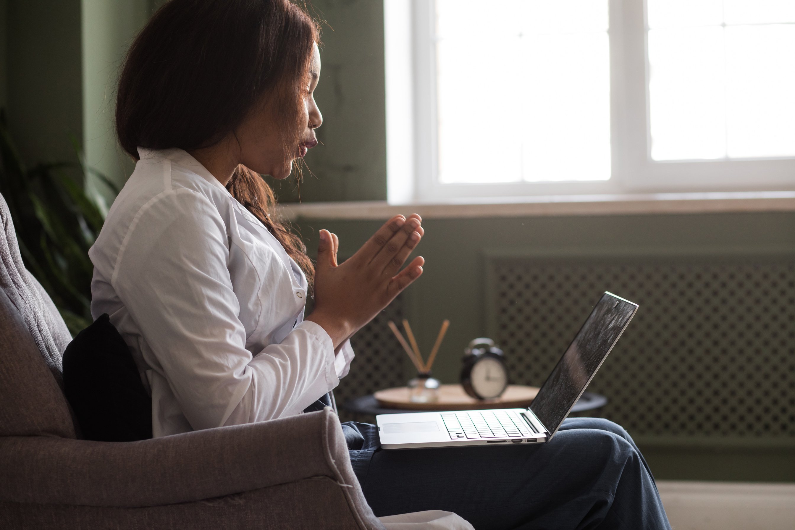 telehealth with virtual afro American doctor appointment and online therapy session. Black doctor online conference